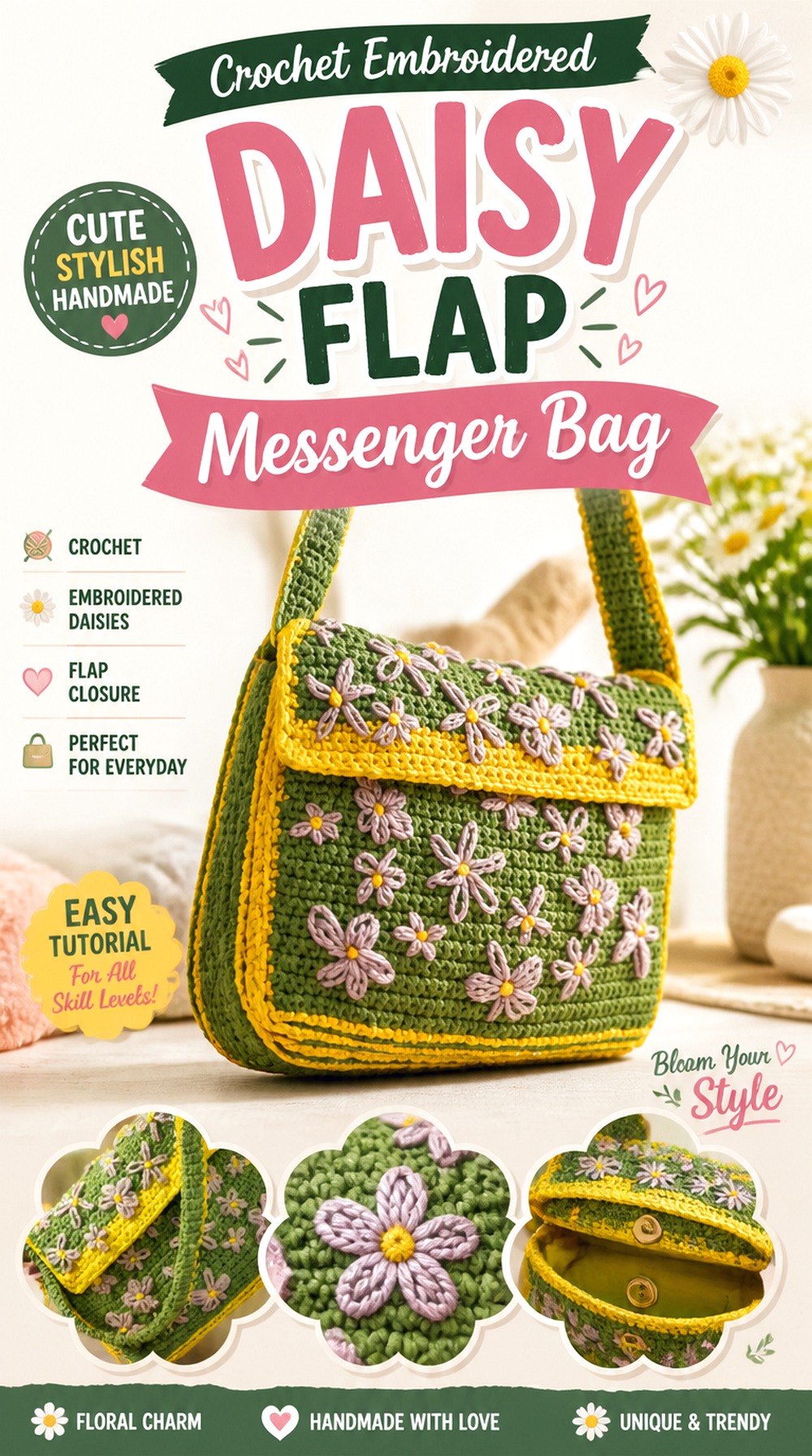 Crochet Embroidered Daisy Flap Messenger Bag
