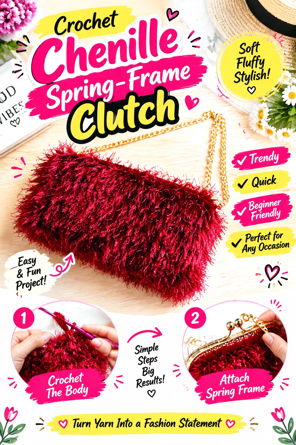Crochet Faux Fur Zipper Bag with Chain