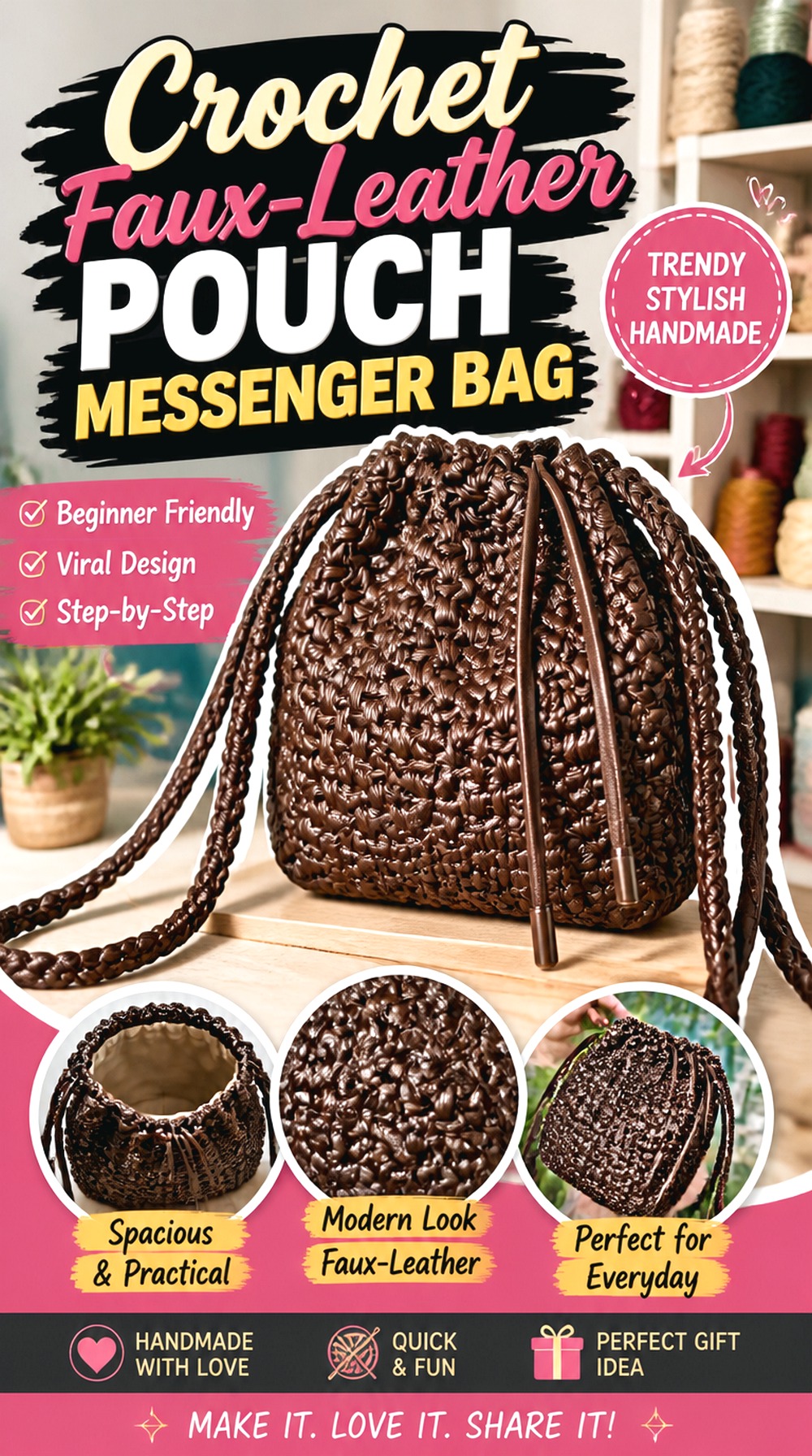 Crochet Faux Leather Pouch Messenger Bag