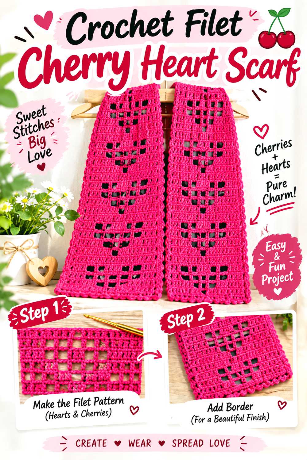 Crochet Filet Cherry Heart Scarf