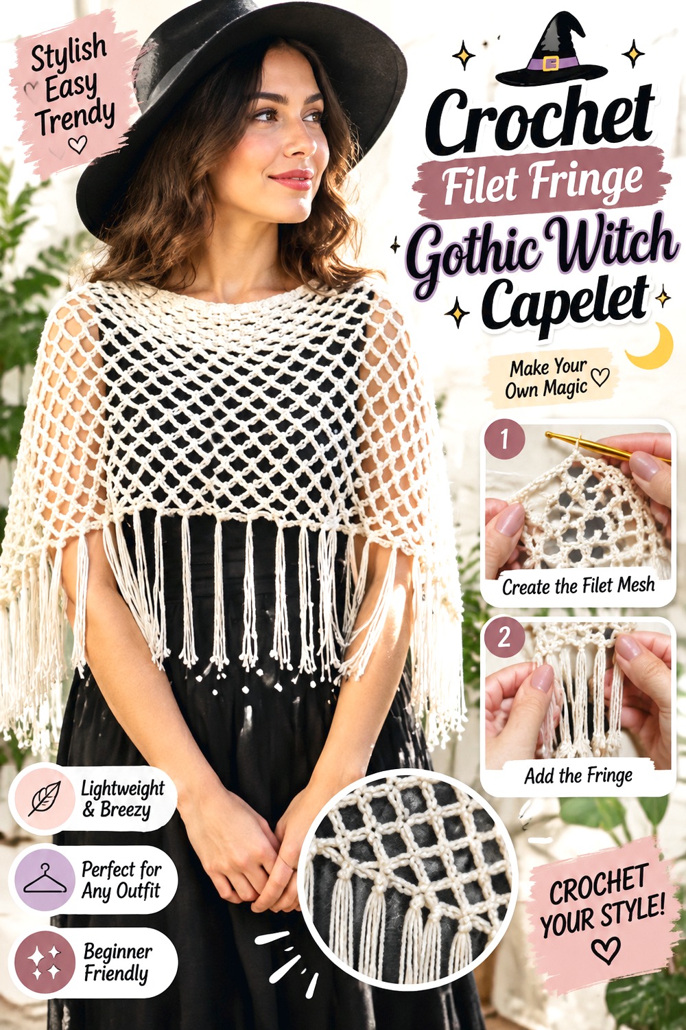 Crochet Filet Fringe Gothic Witch Capelet