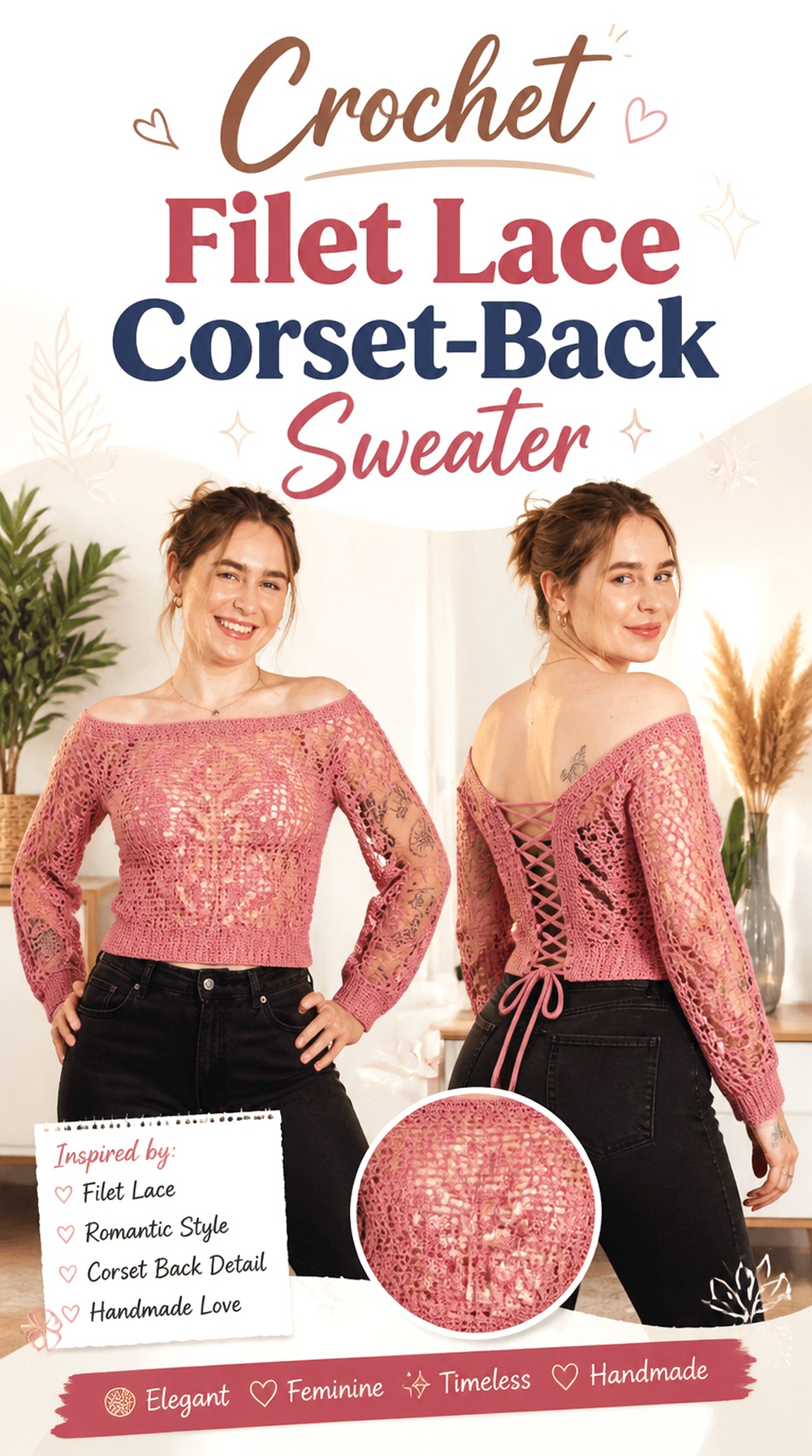 Crochet Filet Lace Corset Back Sweater