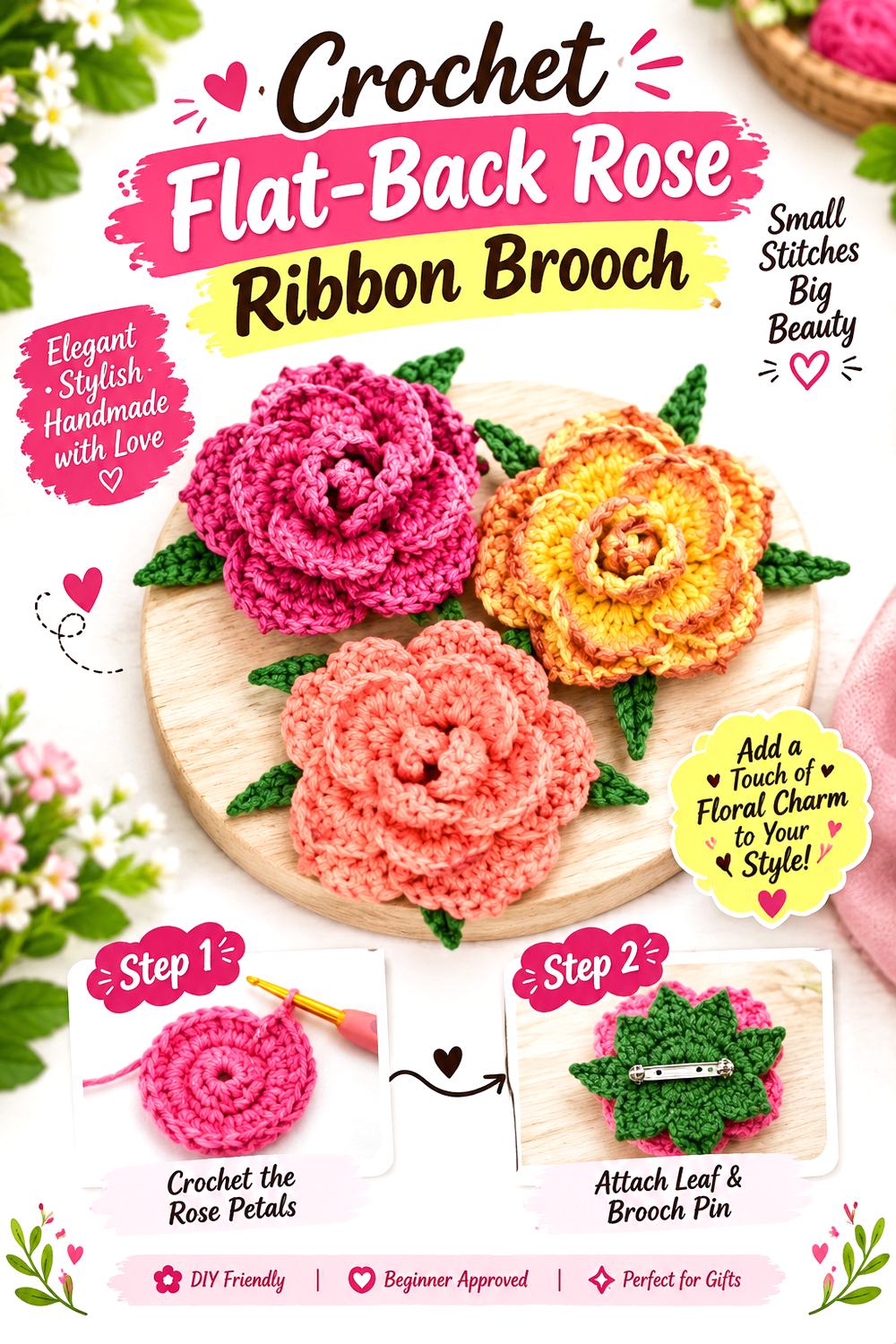Crochet Flat Back Rose Ribbon Brooch