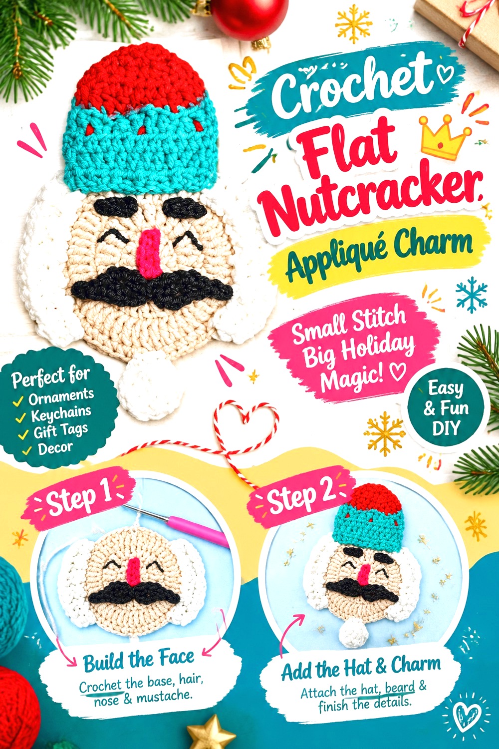 Crochet Flat Nutcracker Appliqué Charm