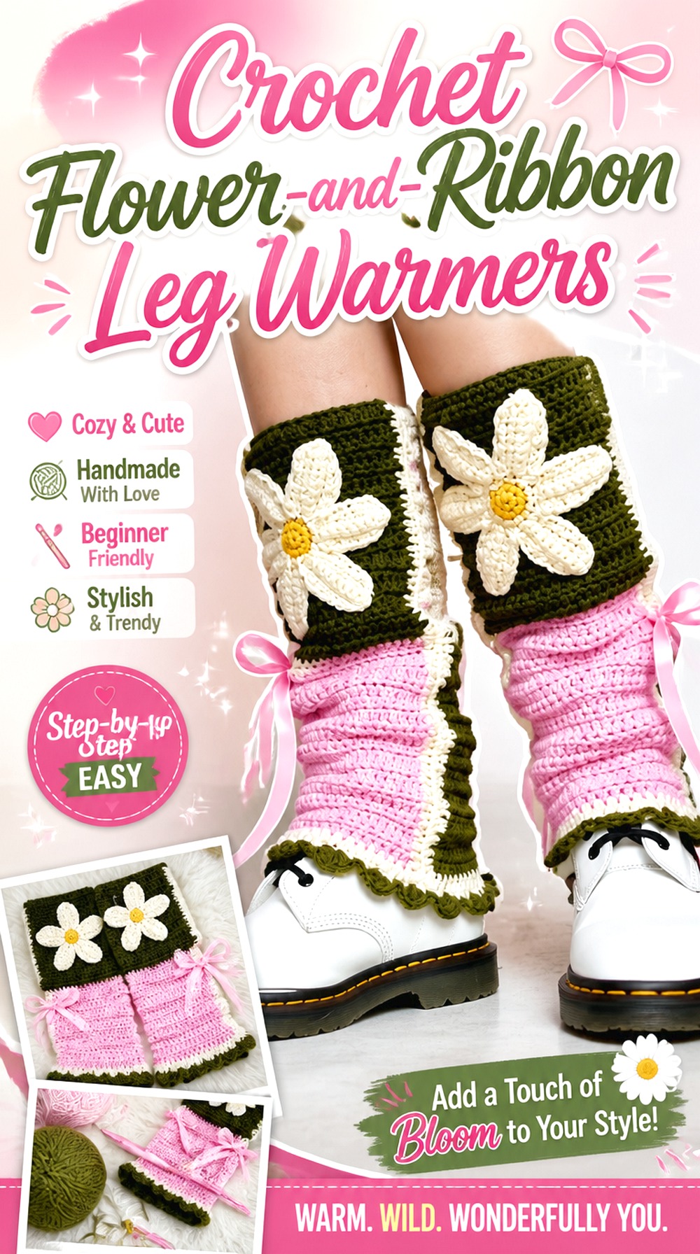 Crochet Flower and Ribbon Leg Warmers
