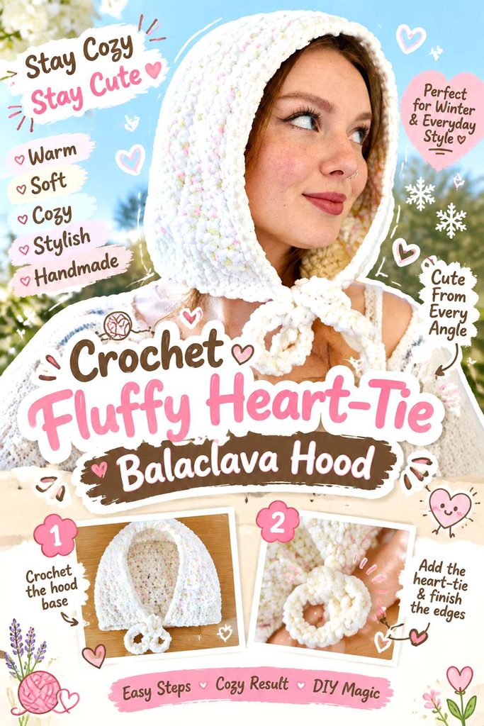 Crochet Fluffy Heart Tie Balaclava Hood