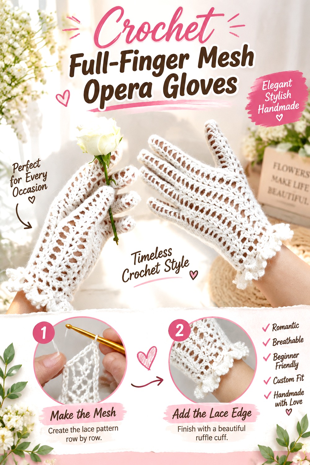 Crochet Full Finger Mesh Opera Gloves