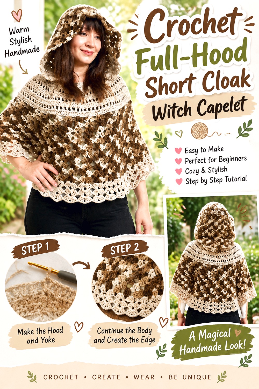 Crochet Full Hood Short Cloak Witch Capelet