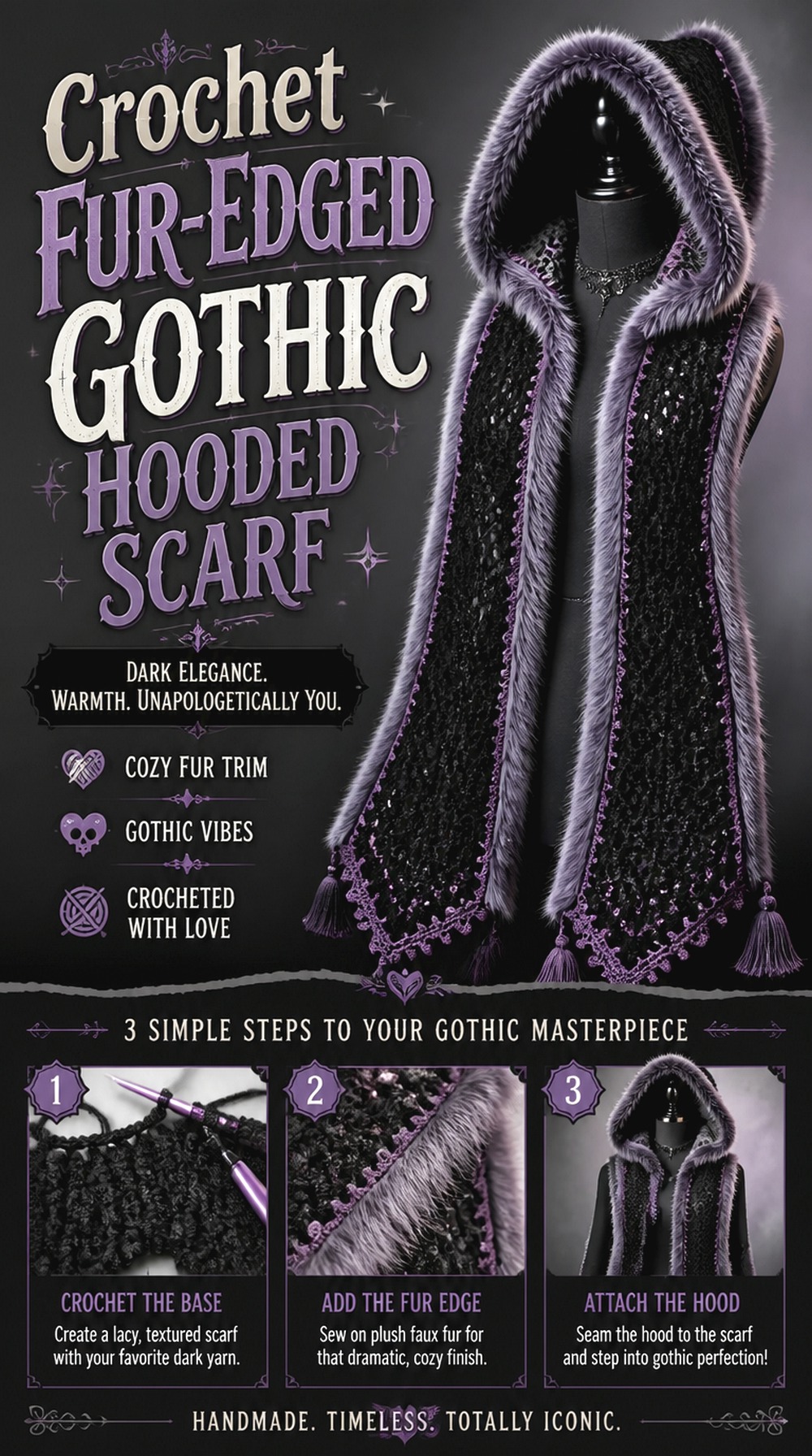 Crochet Fur Edged Gothic Hooded Scarf
