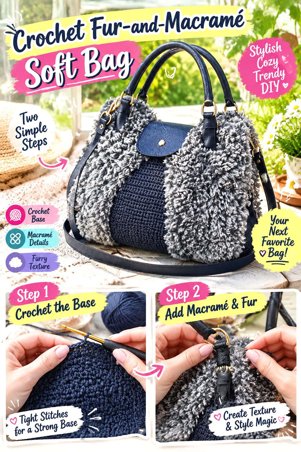 Crochet Fur and Macramé Soft Bag