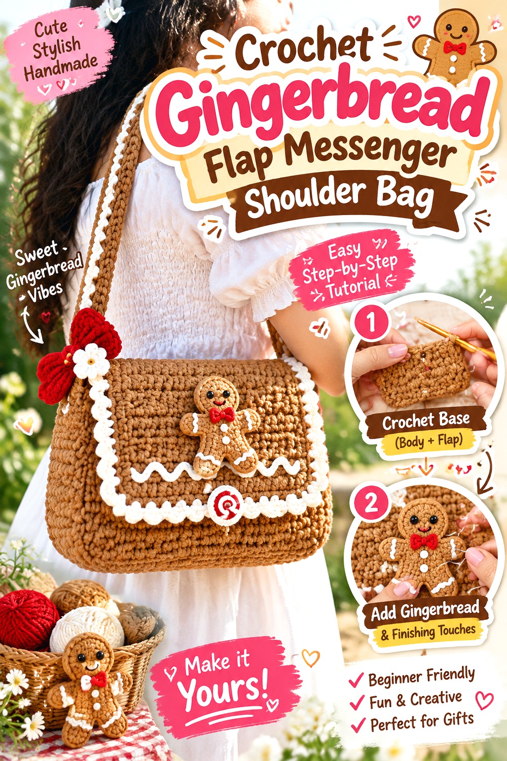 Crochet Gingerbread Flap Messenger Shoulder Bag