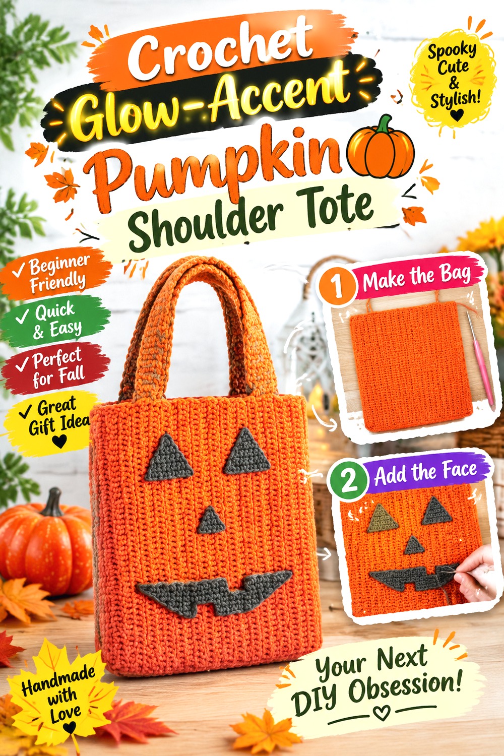 Crochet Glow Accent Pumpkin Shoulder Tote