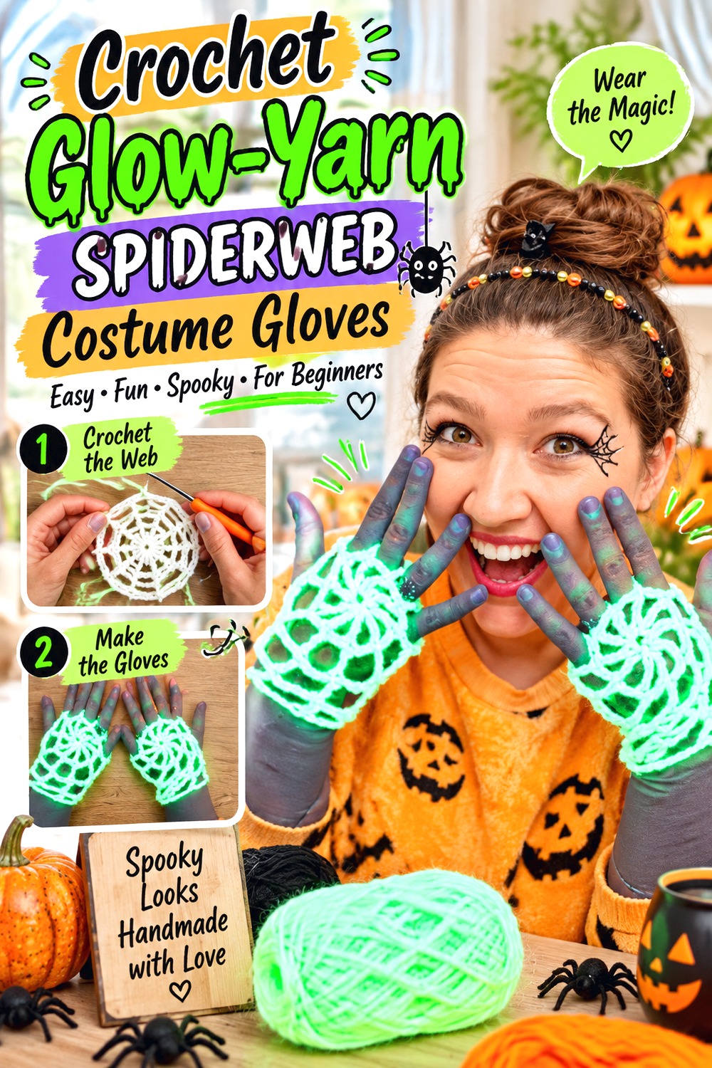 Crochet Glow Yarn Spiderweb Costume Gloves