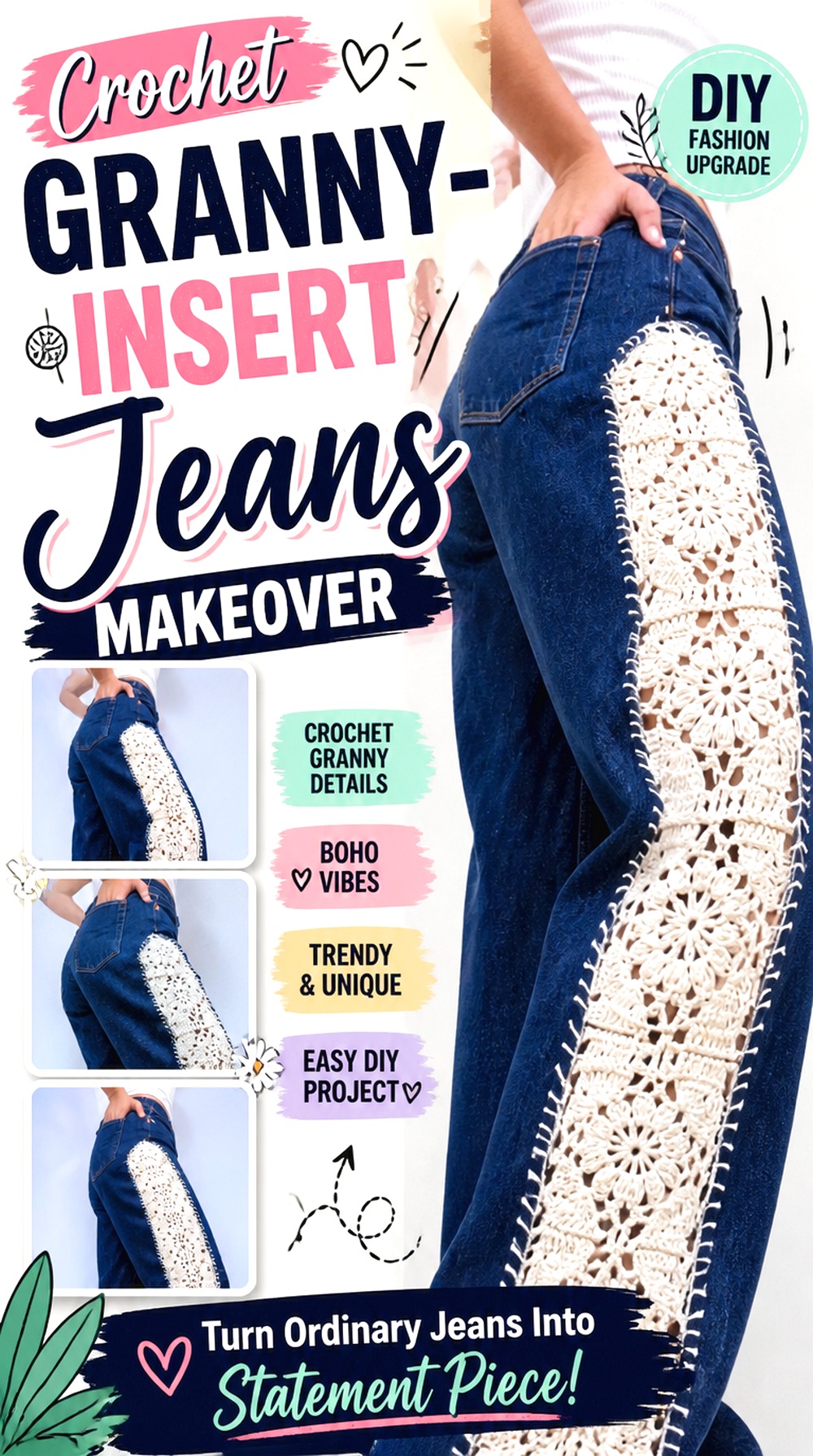 Crochet Granny Insert Jeans Makeover
