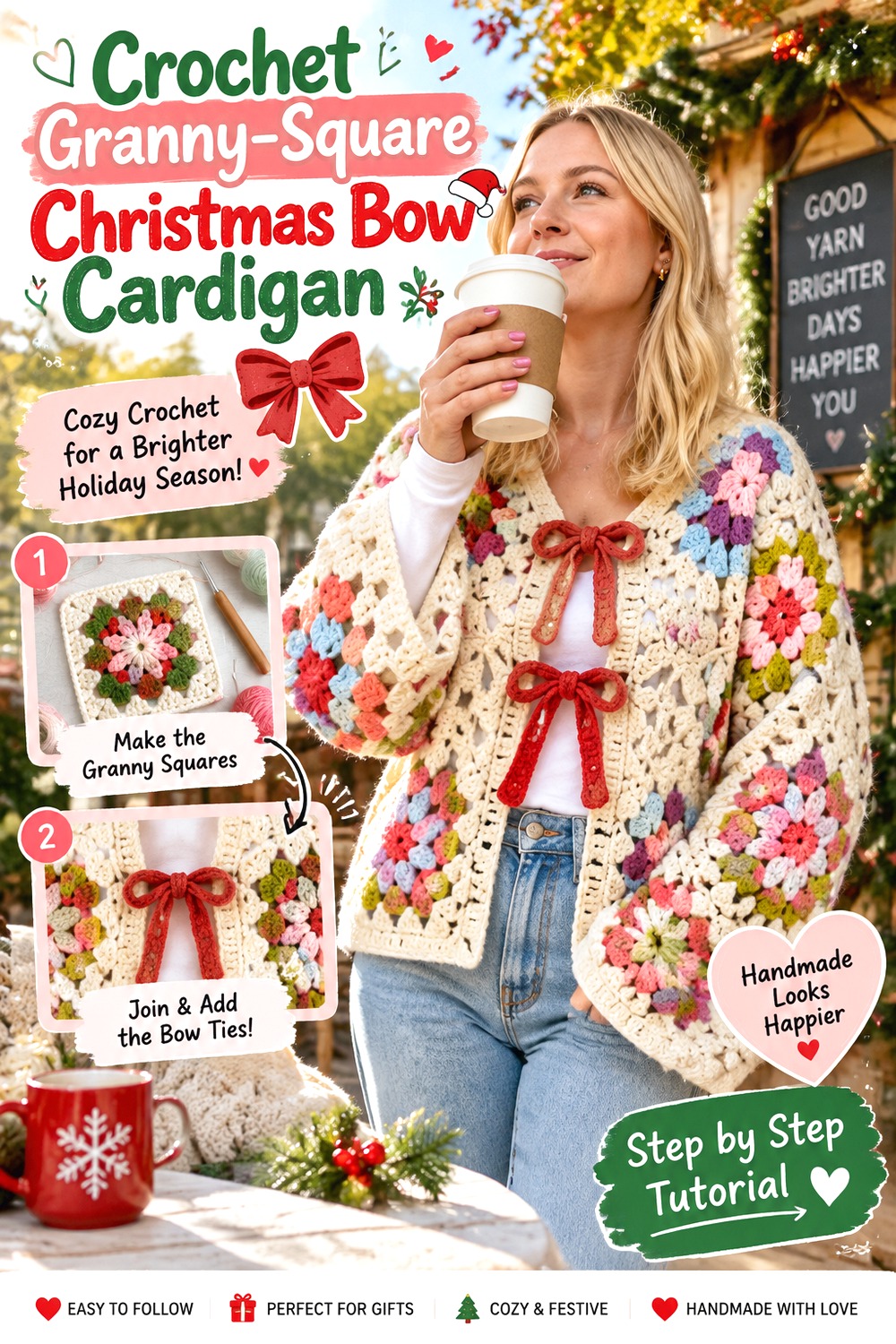 Crochet Granny Square Christmas Bow Cardigan