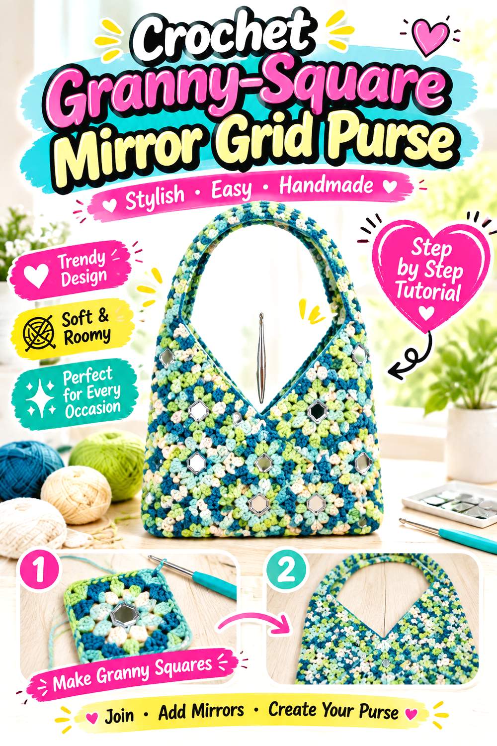 Crochet Granny Square Mirror Grid Purse