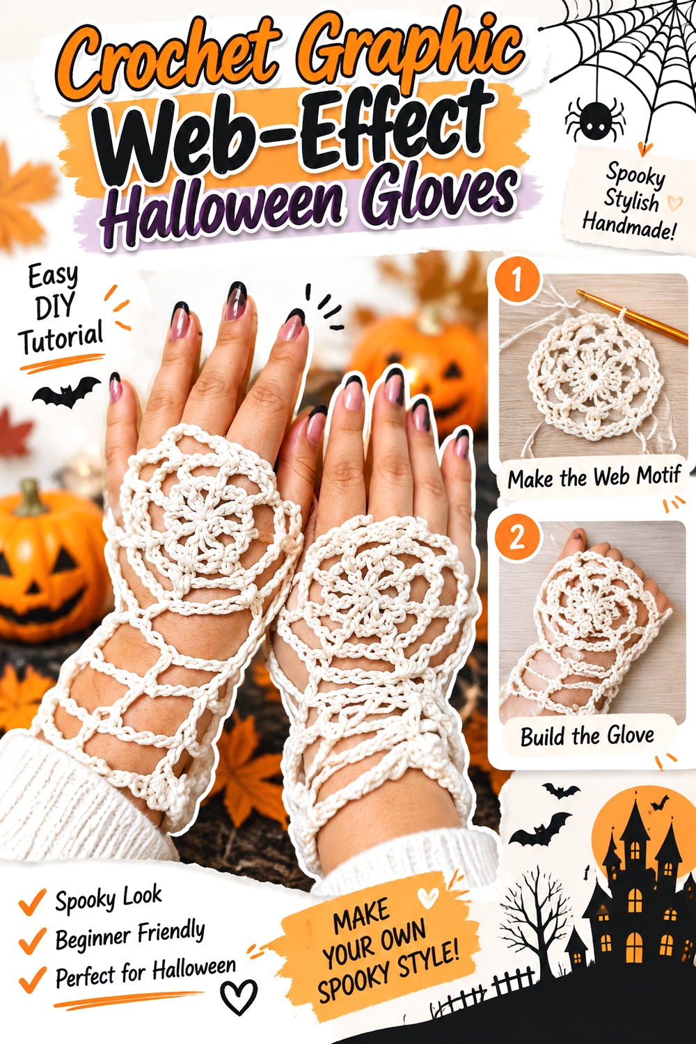 Crochet Graphic Web Effect Halloween Gloves