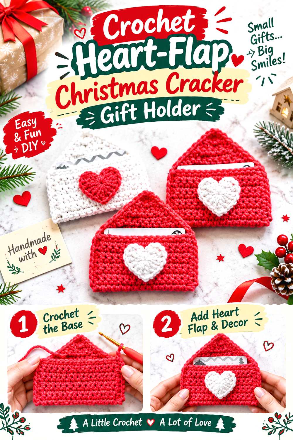 Crochet Heart Flap Christmas Cracker Gift Holder