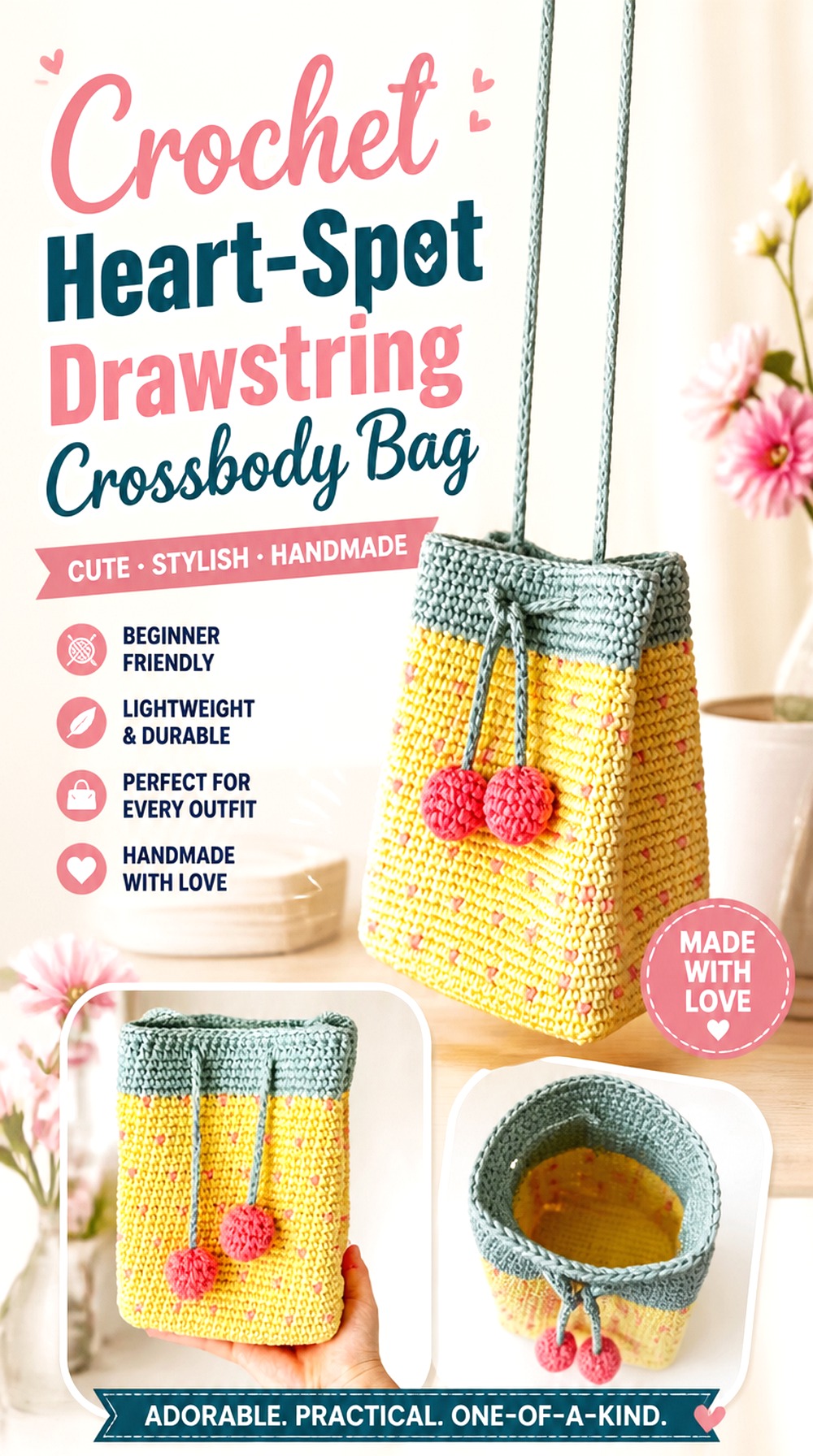 Crochet Heart Spot Drawstring Crossbody Bag