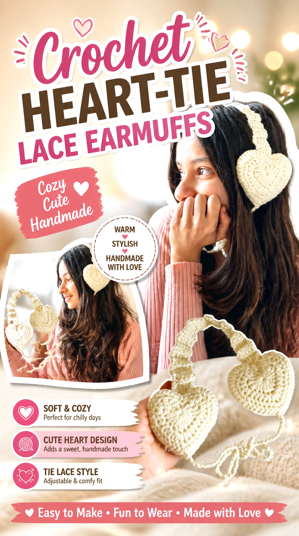 Crochet Heart Tie Lace Earmuffs