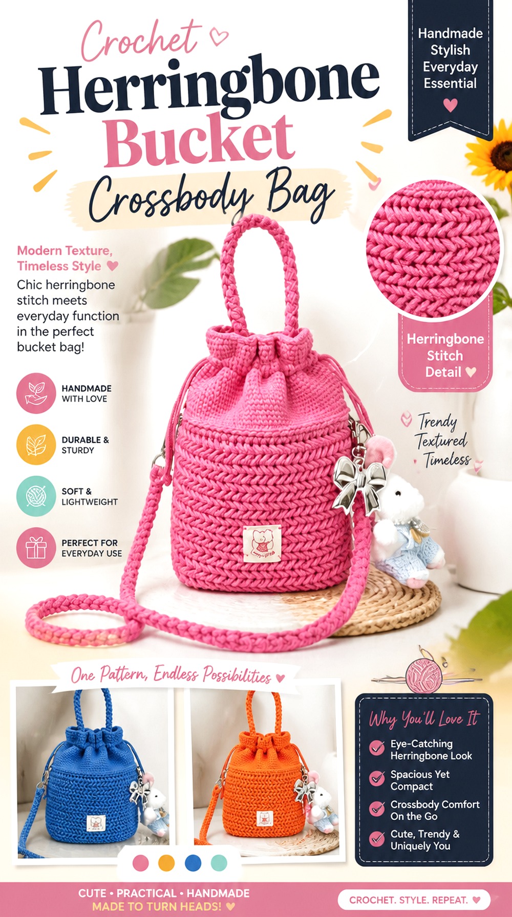 Crochet Herringbone Bucket Crossbody Bag