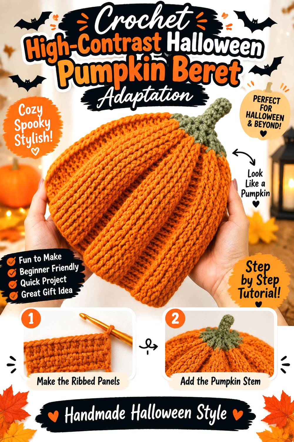 Crochet High Contrast Halloween Pumpkin Beret Adaptation