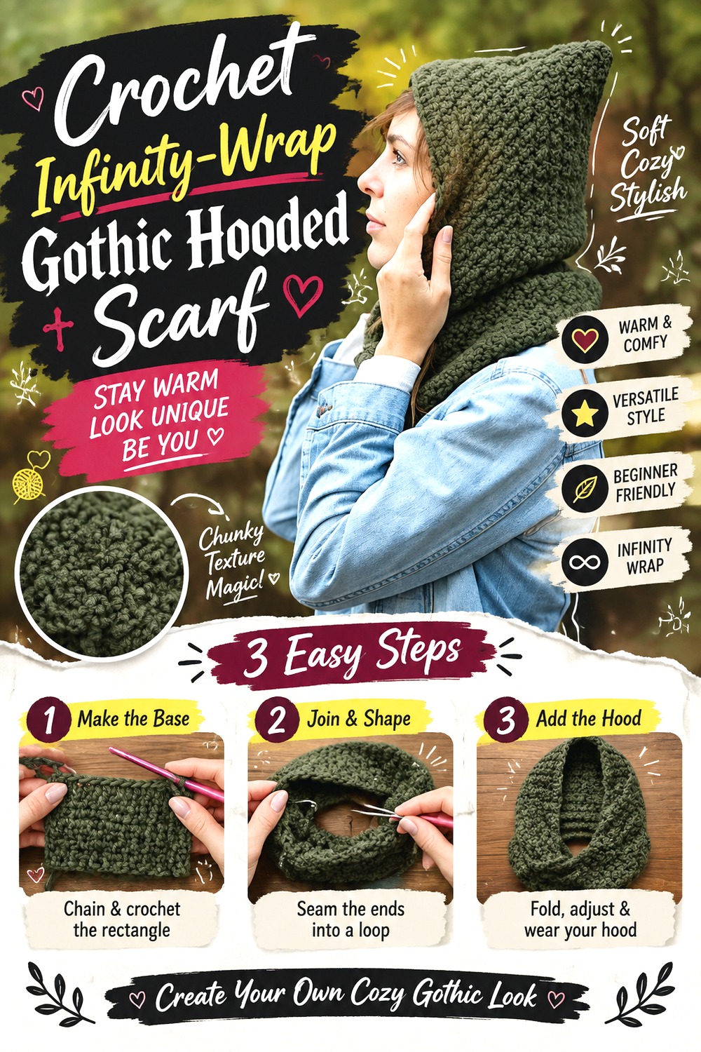 Crochet Infinity Wrap Gothic Hooded Scarf