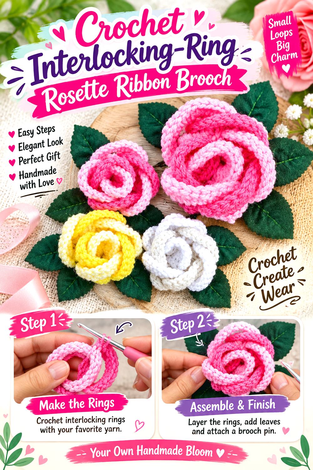 Crochet Interlocking Ring Rosette Ribbon Brooch