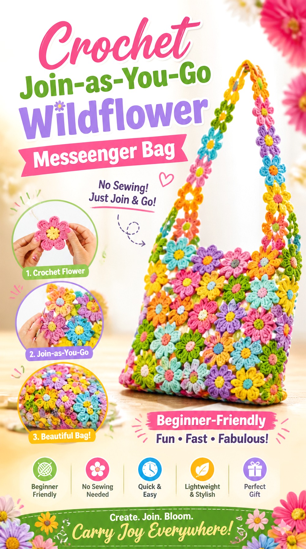 Crochet Join as You Go Wildflower Messenger Bag