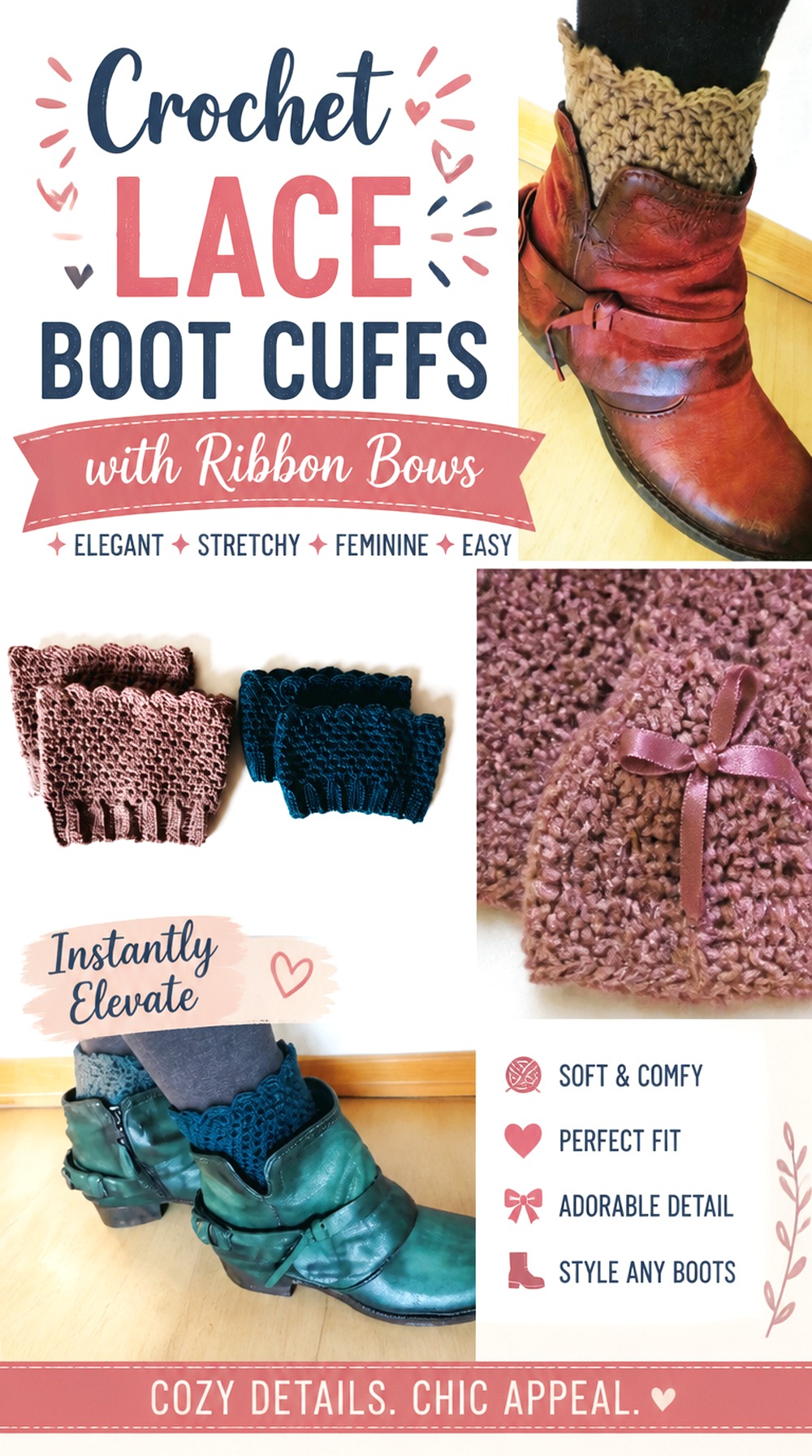 Crochet Lace Boot Cuffs with Ribbon Bows