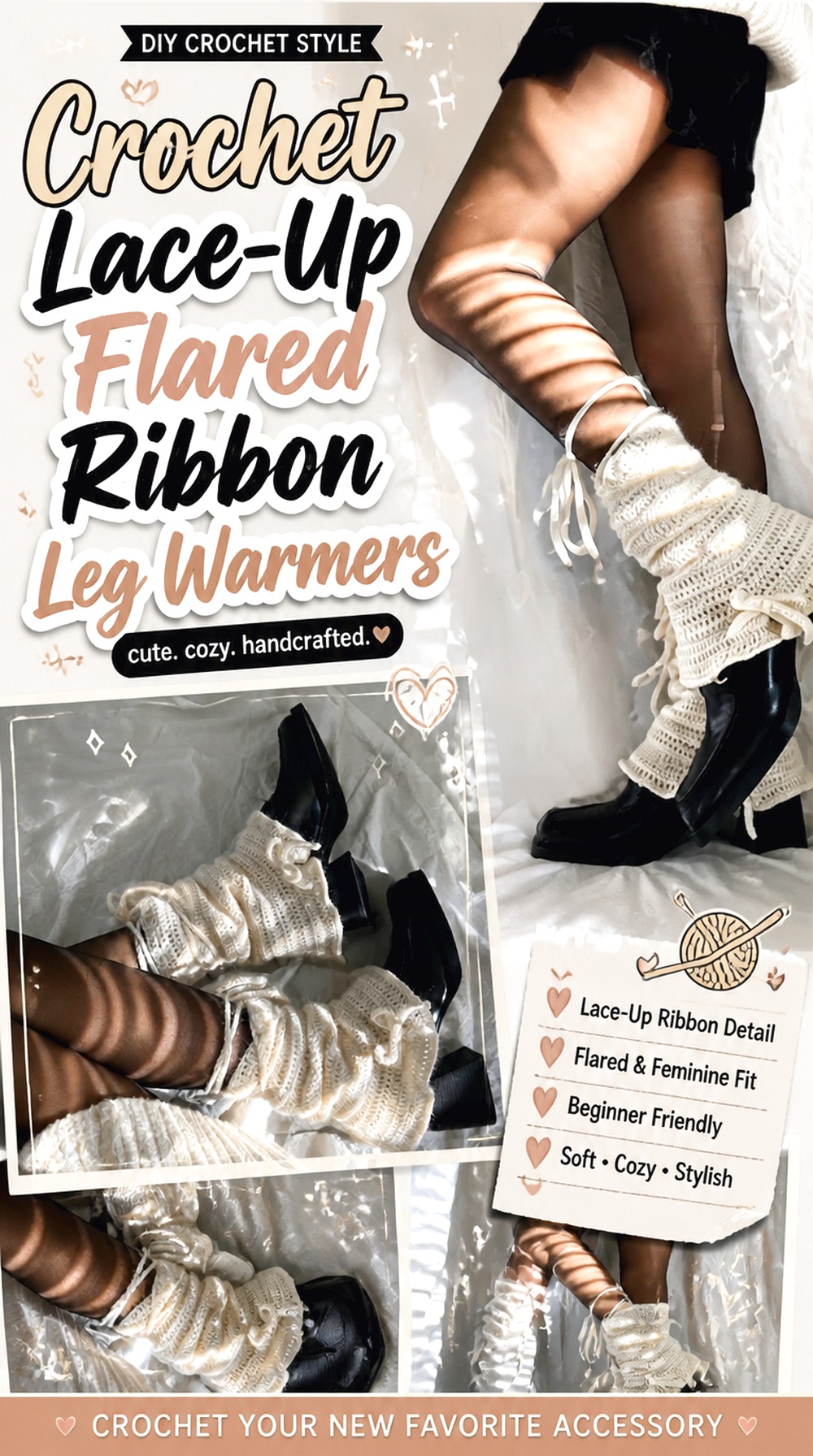 Crochet Lace Up Flared Ribbon Leg Warmers