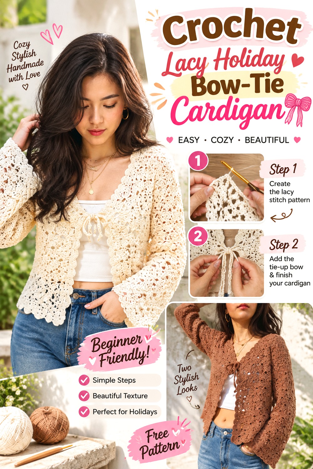 Crochet Lacy Holiday Bow Tie Cardigan
