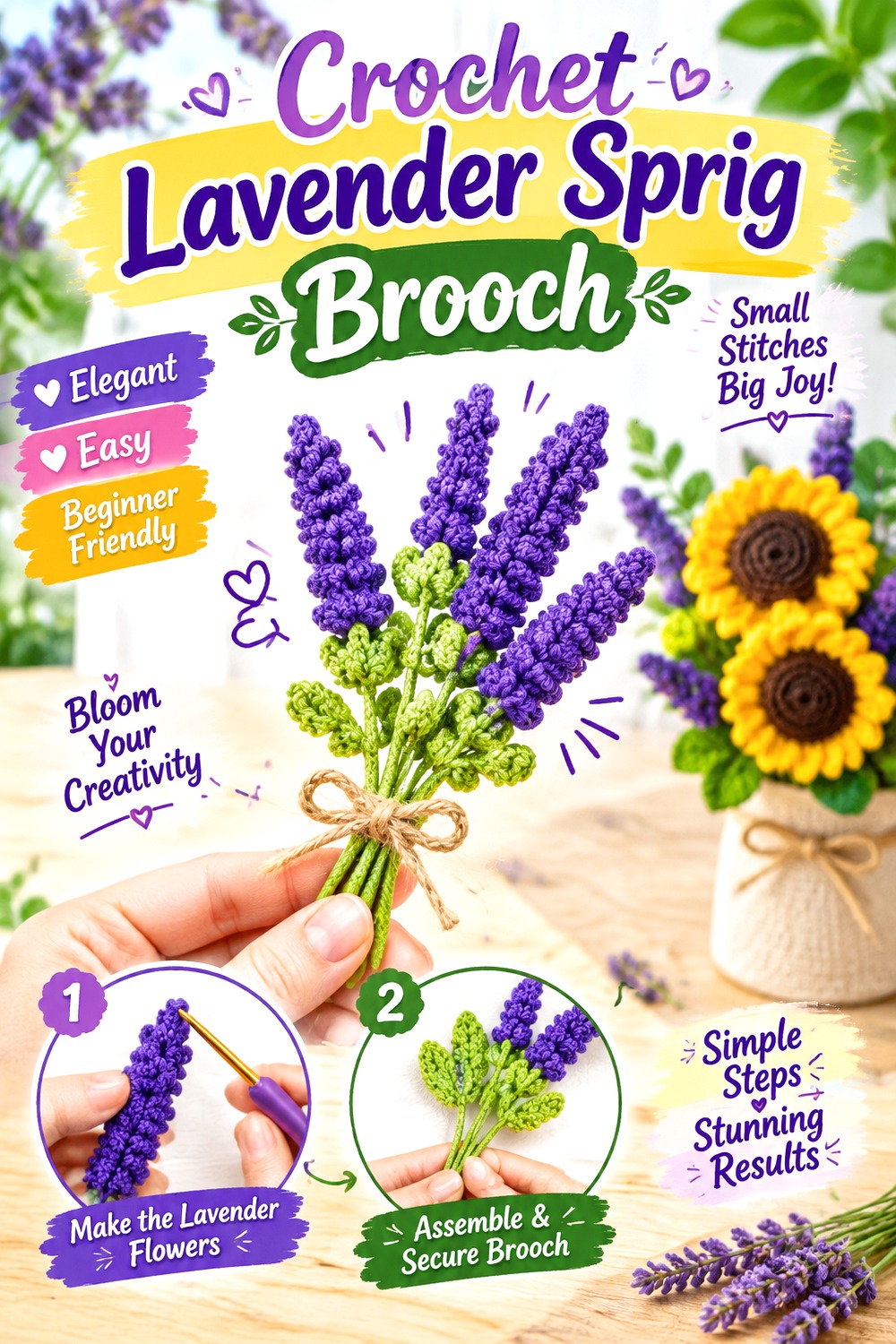 Crochet Lavender Sprig Brooch