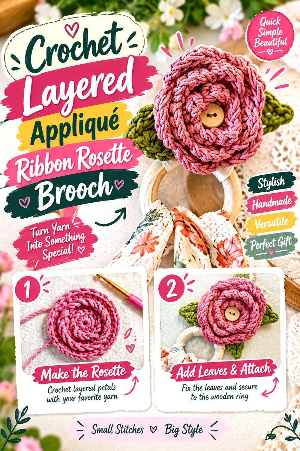 Crochet Layered Appliqué Ribbon Rosette Brooch