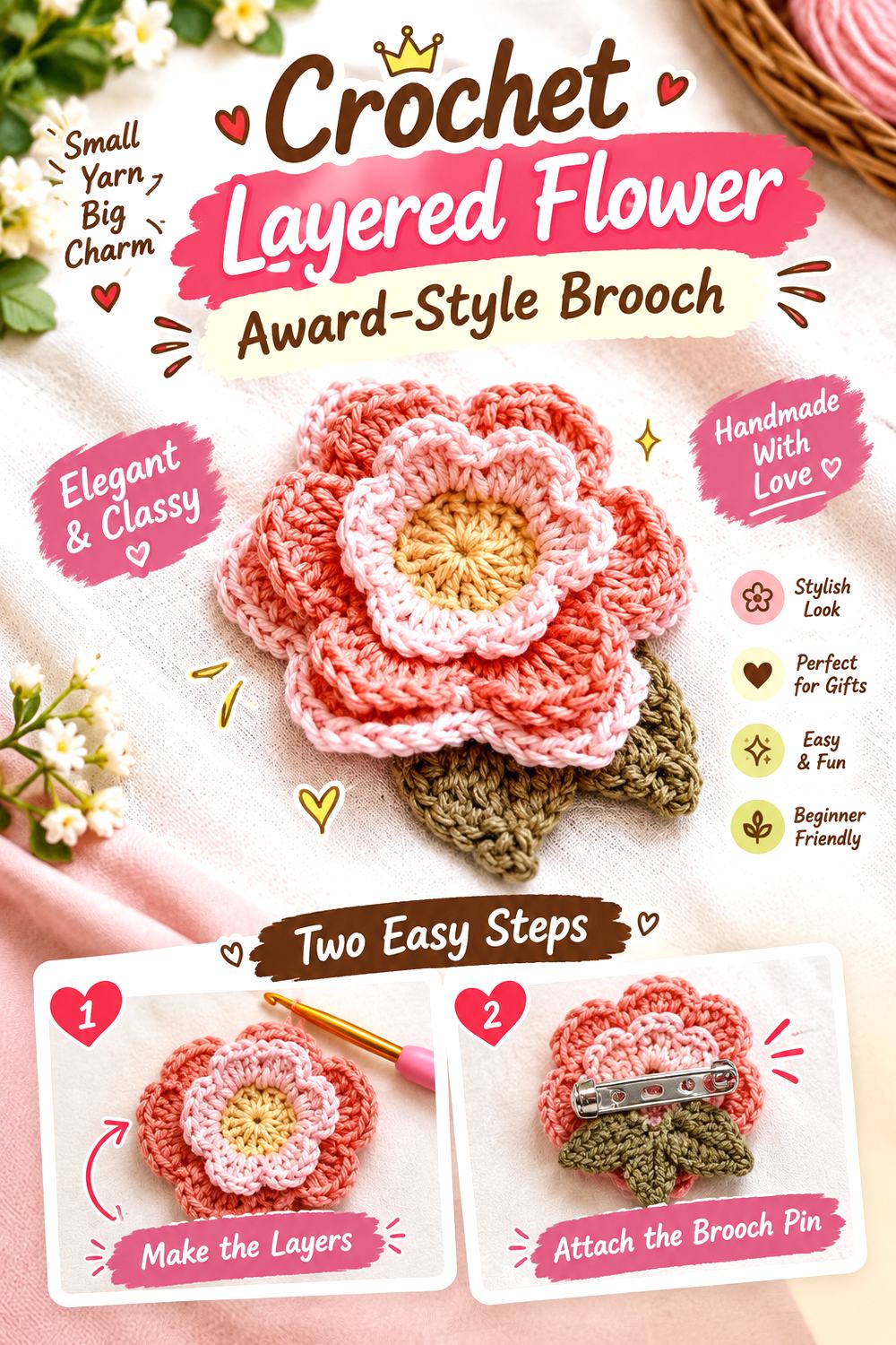 Crochet Layered Flower Award Style Brooch