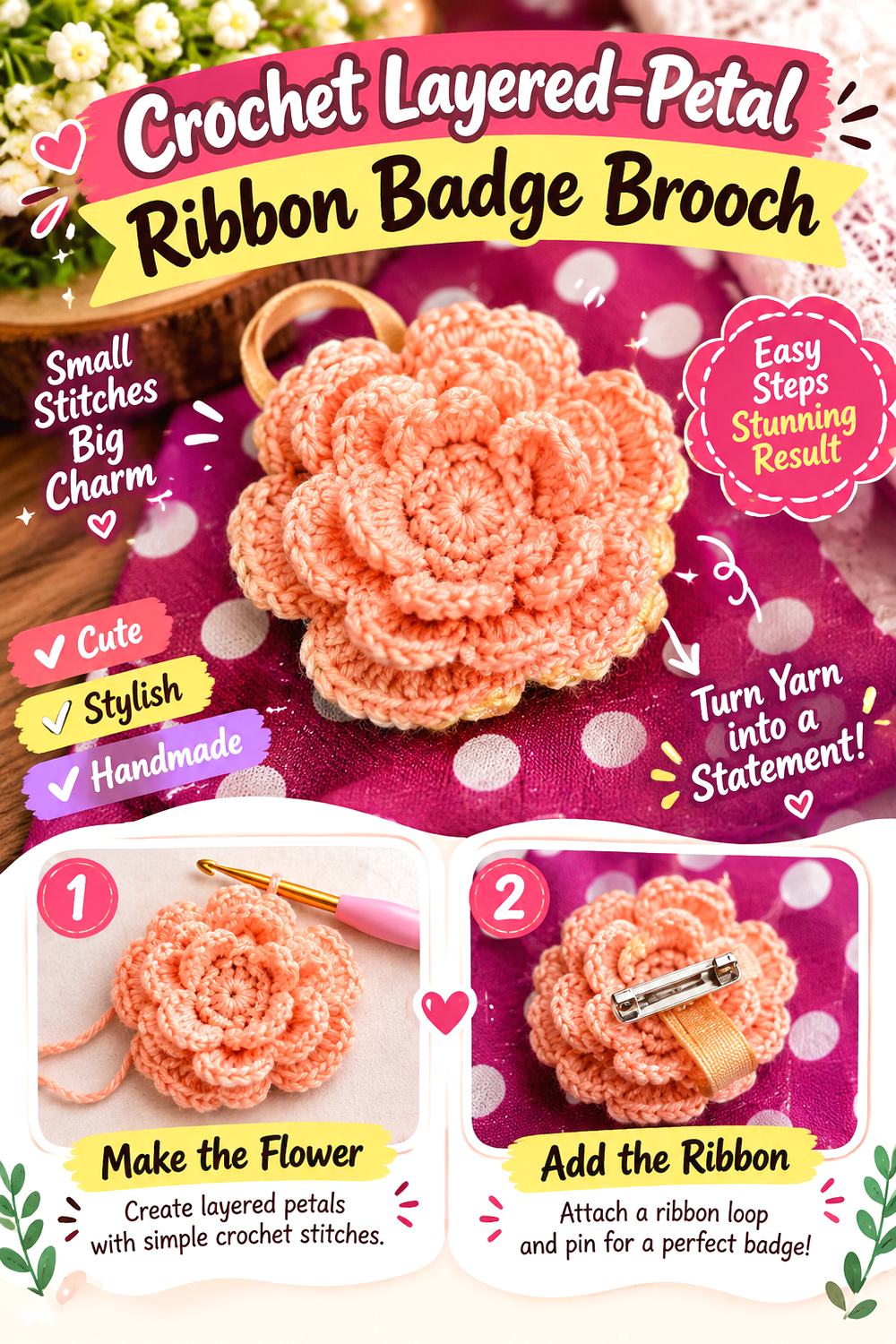 Crochet Layered Petal Ribbon Badge Brooch