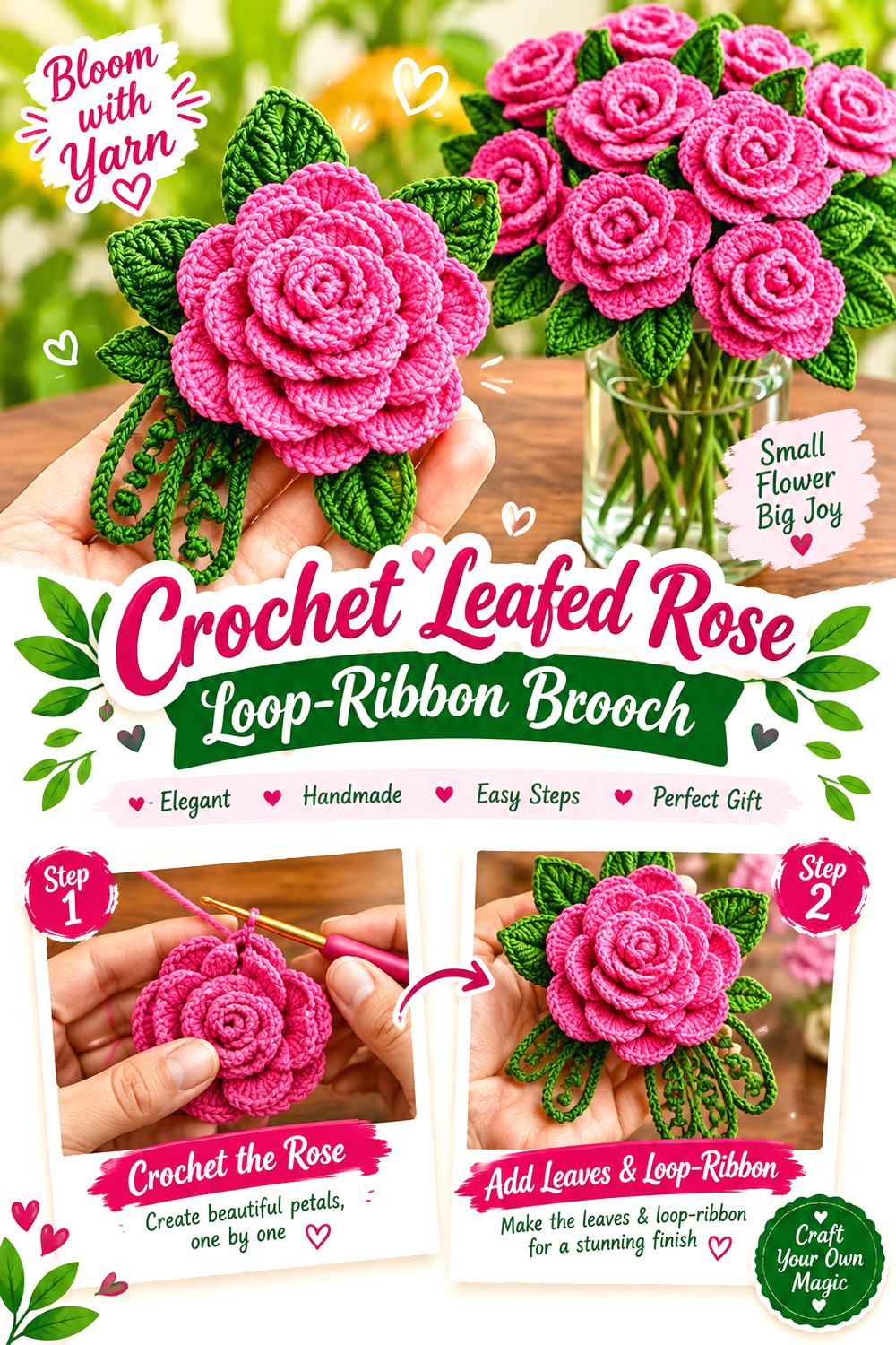 Crochet Leafed Rose Loop Ribbon Brooch