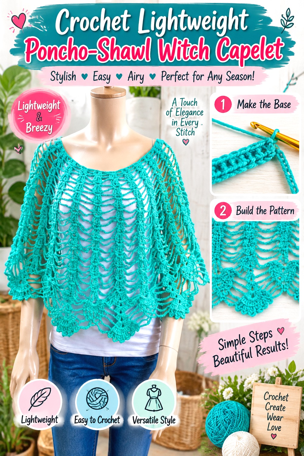 Crochet Lightweight Poncho Shawl Witch Capelet