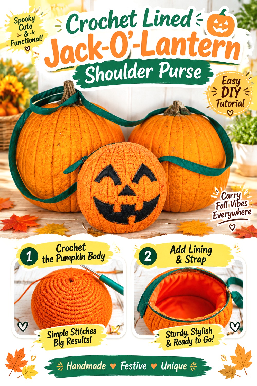 Crochet Lined Jack O’ Lantern Shoulder Purse