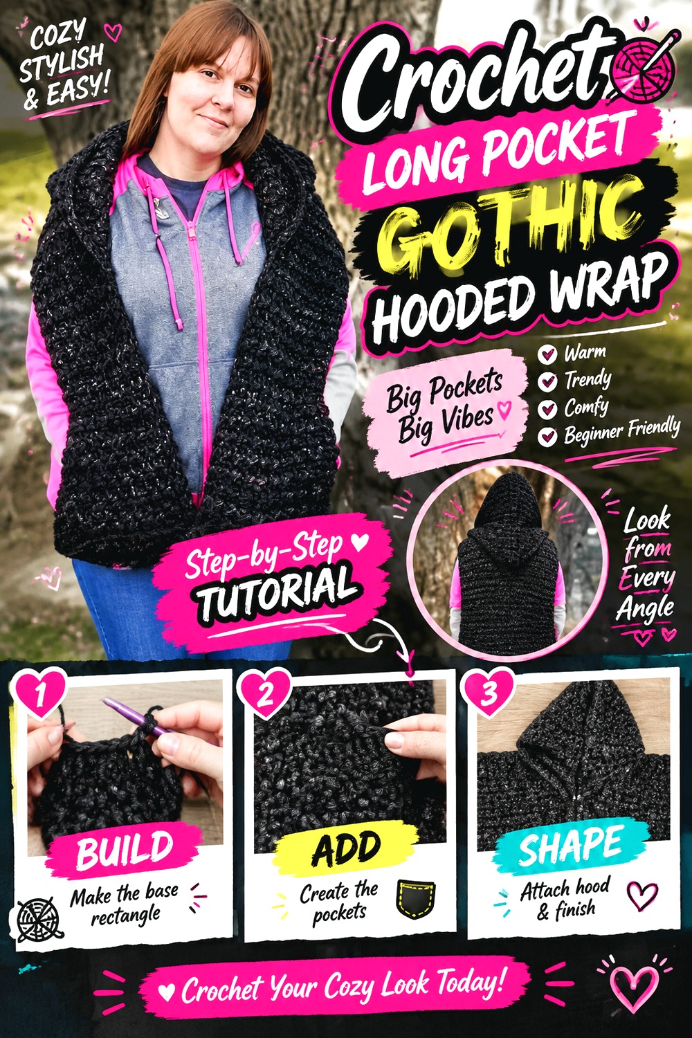 Crochet Long Pocket Gothic Hooded Wrap