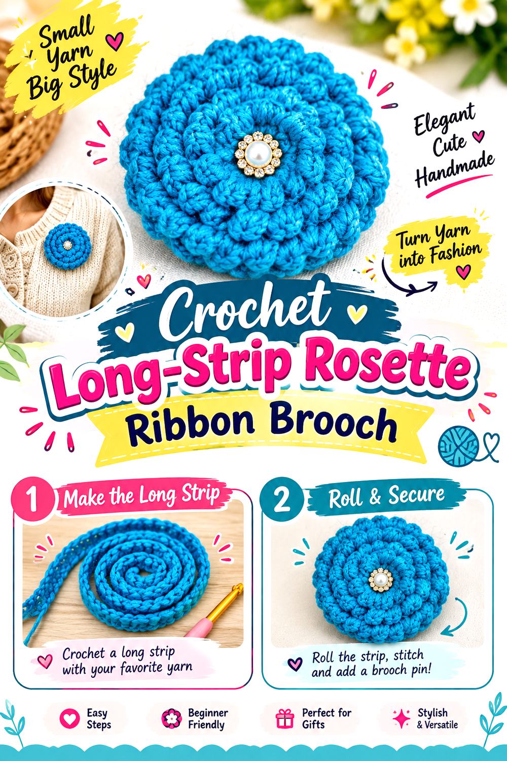 Crochet Long Strip Rosette Ribbon Brooch