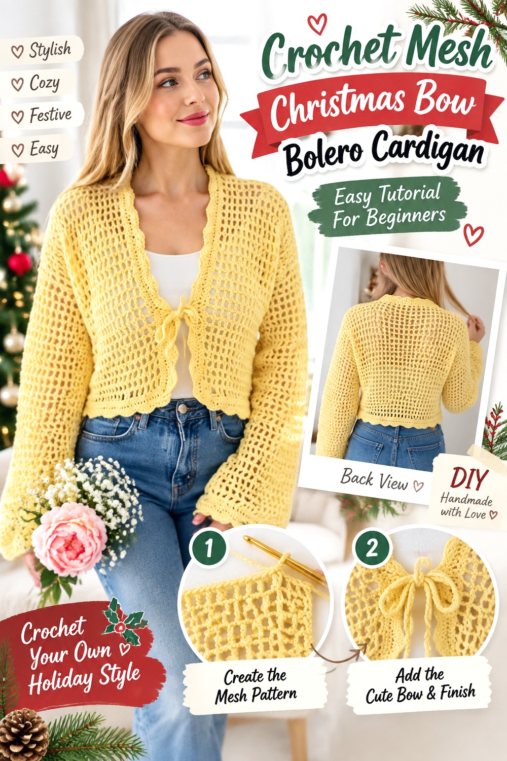Crochet Mesh Christmas Bow Bolero Cardigan