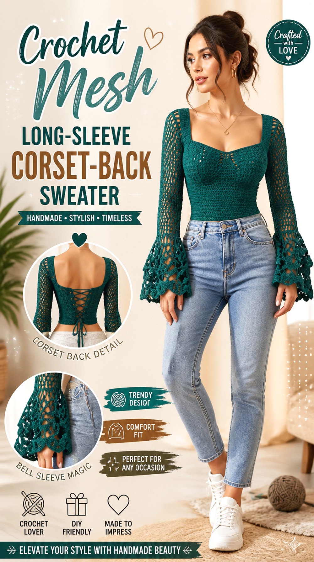 Crochet Mesh Long Sleeve Corset Back Sweater