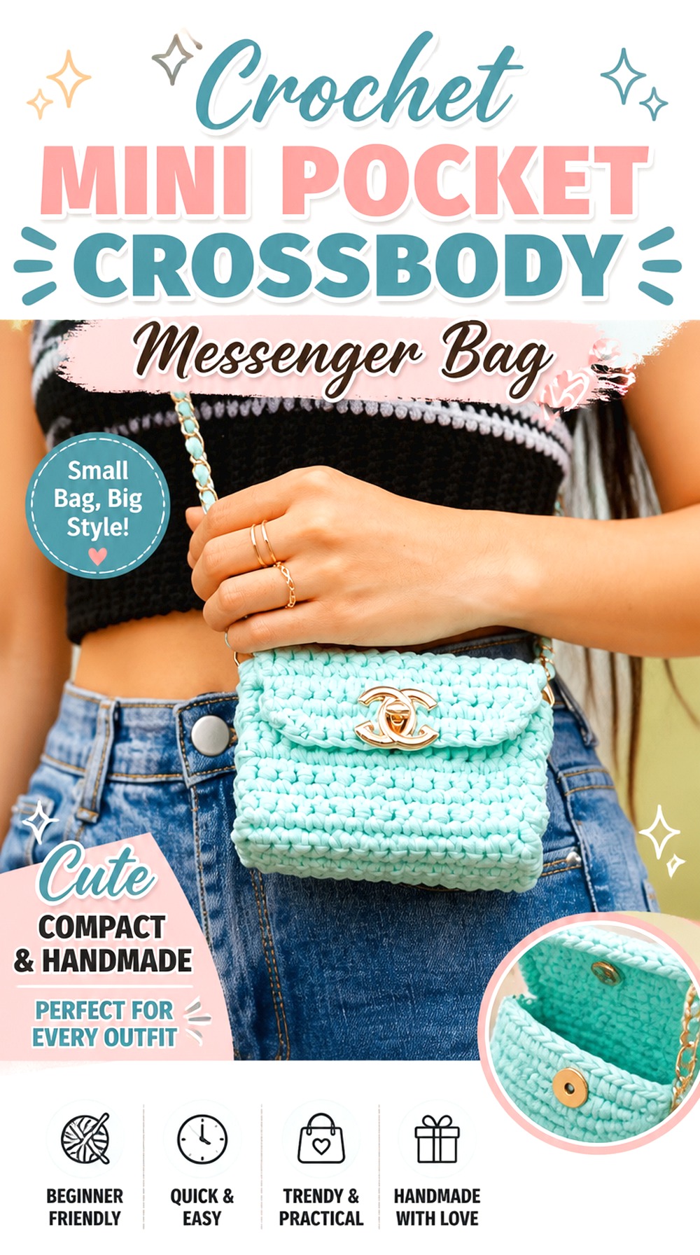 Crochet Mini Pocket Crossbody Messenger Bag