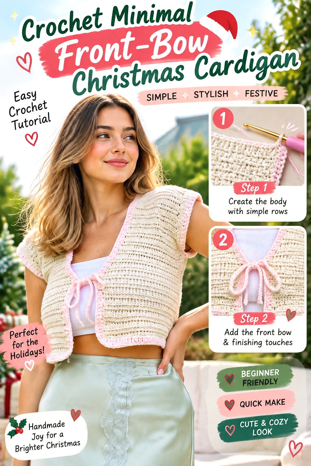 Crochet Minimal Front Bow Christmas Cardigan