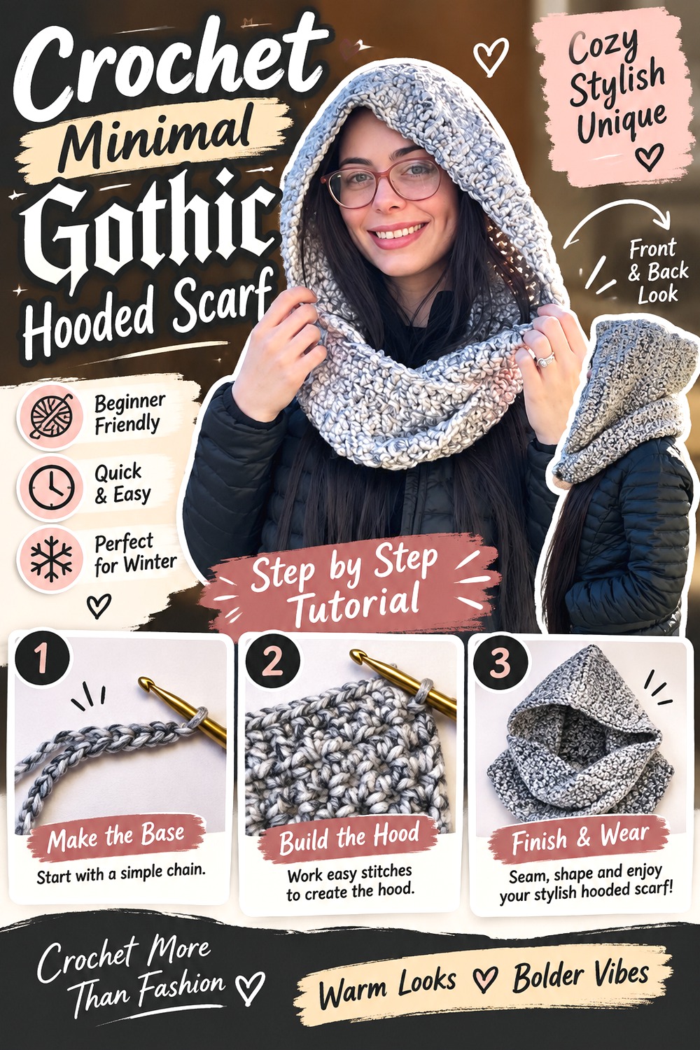Crochet Minimal Gothic Hooded Scarf
