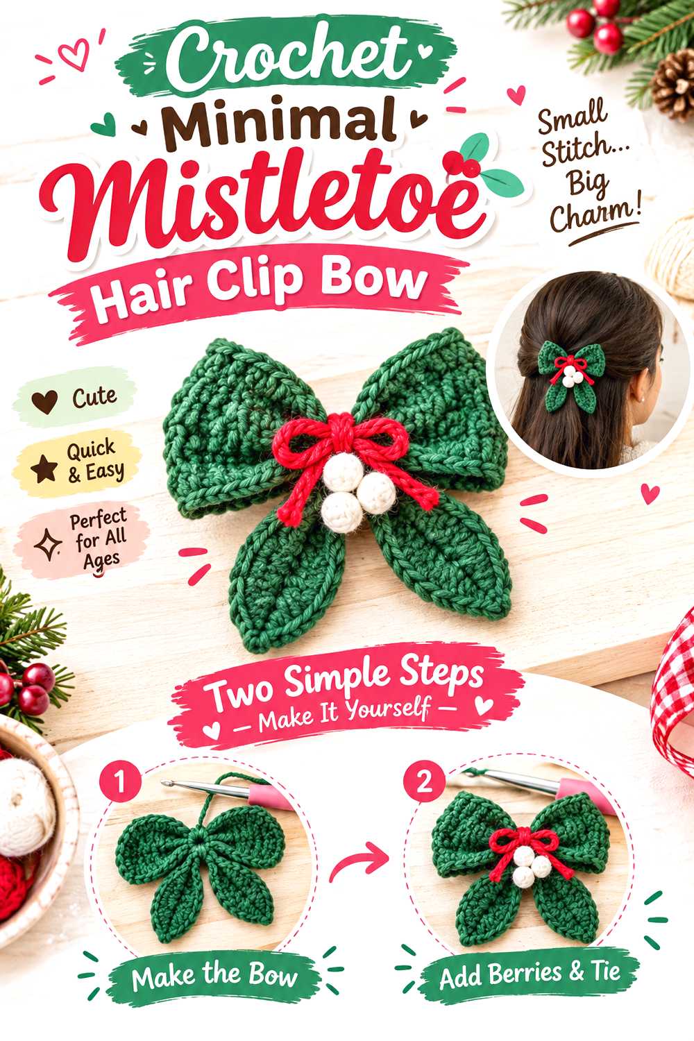 Crochet Minimal Mistletoe Hair Clip Bow