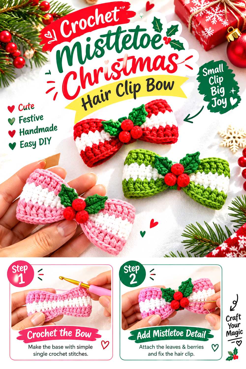 Crochet Mistletoe Christmas Hair Clip Bow