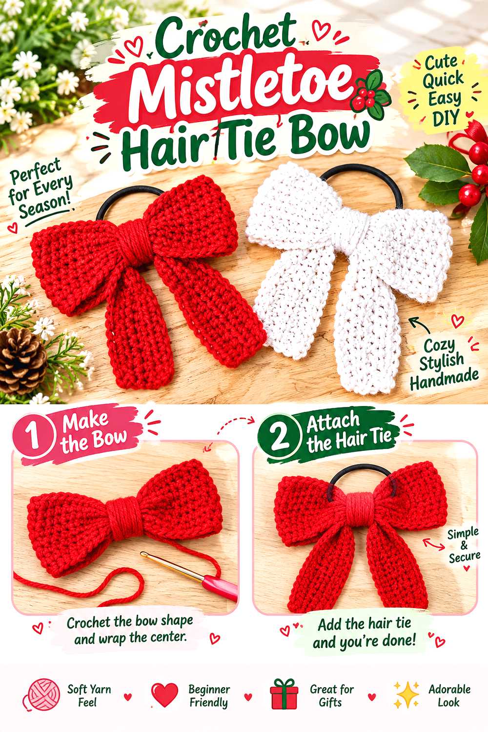 Crochet Mistletoe Hair Tie Bow