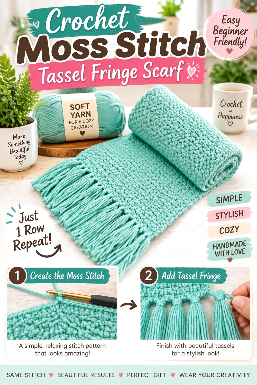 Crochet Moss Stitch Tassel Fringe Scarf